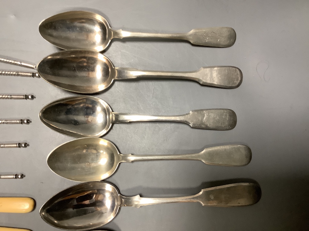 Six pairs of Victorian Ivory handled silver fish eaters and a small quantity of other flatware.